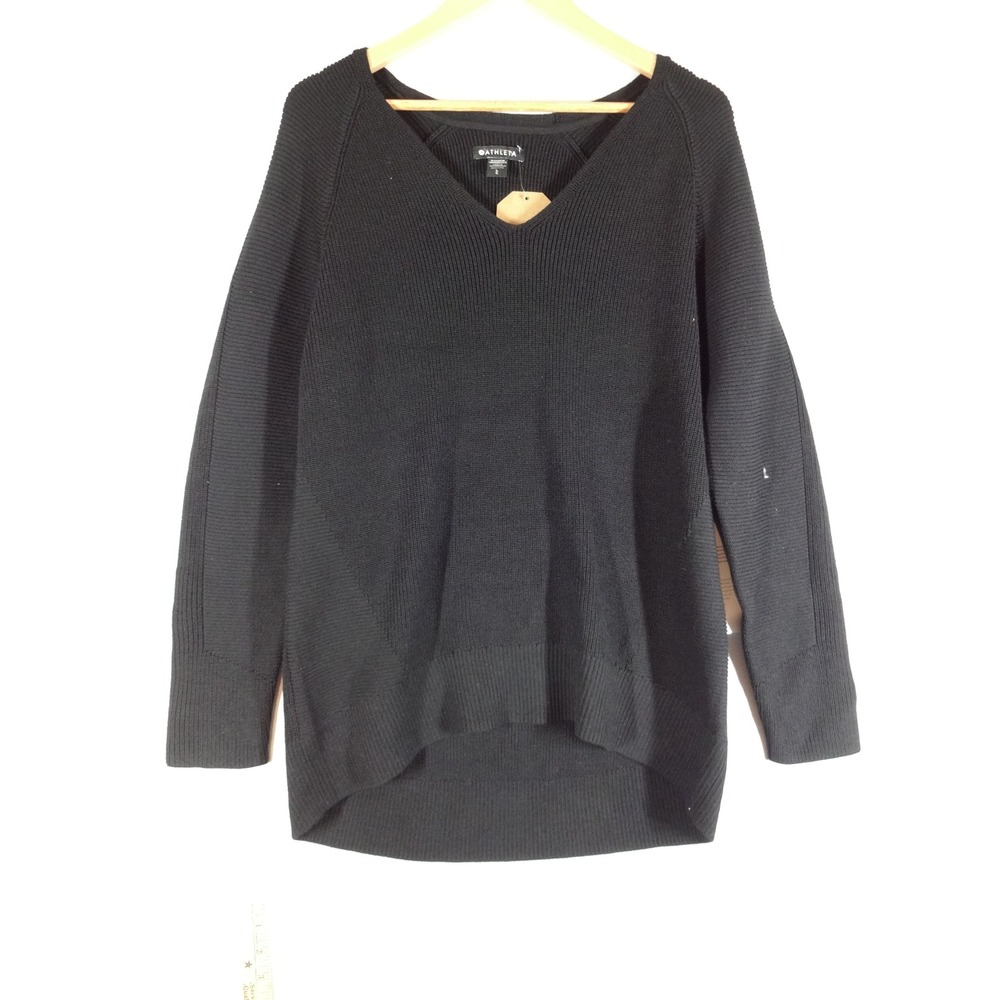 Athleta Hanover V-Neck Sweater Womens Large Black Merino Wool Blend Ribbed NWT